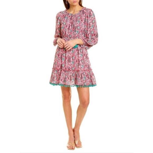 CELINA MOON Sz L Large Gauze Mini Dress Floral Pink Teal Pom Pom Trim NWT - Picture 1 of 8